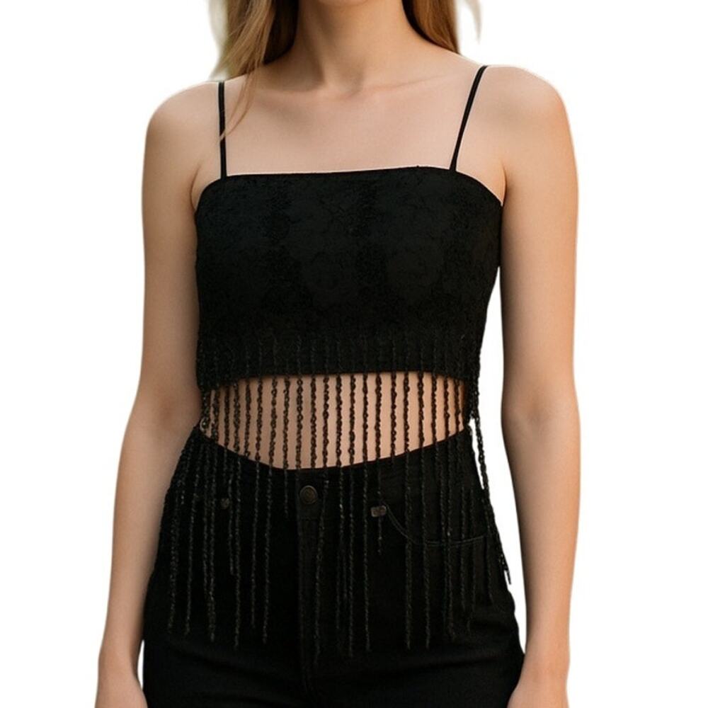 Charlotte Russe Fringe Sleeveless Crochet Lace Crop Top Size M Festival Bohemian